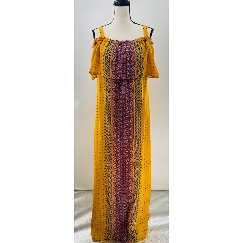 AUW Off‎ Shoulder Yellow Printed Maxi Dress